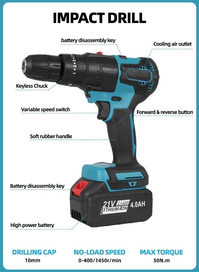 ALongDeng 21V Cordless Power Tool Set 4-in-1 Electric Tool Kit with 4-Inch Chainsaw Impact Drill Angle Grinder Dual-Purpose Wrench 4.0Ah Li-Ion Batteries & Storage Case for Home Garden DIY - Image 5